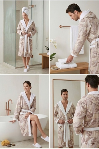 Modern Botanik Pamuklu Desenli Kapüşonlu Bornoz Bej Modern Botanik