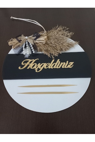 Hoşgeldiniz Yazılı Aynalı Pleksi Ahşap Kapı Süsü Beyaz Siyah Beyaz