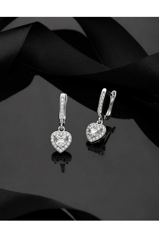 925 Ayar Zirkon Taşlı Rodyum Pırlanta Işıltılı Sallantılı Kalp Gümüş Küpe Gümüş