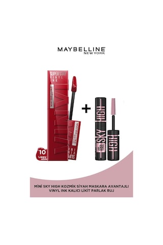 Maybelline New York Super Stay Vinyl Ink Uzun Süre Kalıcı Likit Parlak Ruj 10 Lippy & Mini Sky High Cosmic Black Maskara pktssvnl35crlbnc-9346 10 Lippy