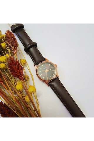 Retro Kadın Kol Saati, Vintage Minimal, Rose Gold Renk, Çizgili Kadran, Koyukahverengi Kordon Rose Gold Kahverengi Kordon Altın