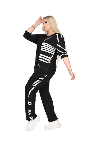 Melsay Butik Siyah Truvakar Kol Yarım Çizgi Garnili Viskon Büyük Beden Takım Siyah