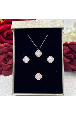 Van Cleef Yonca Pembe Taşlı Kadın 3'lü Seti 925 Ayar Gümüş Radyumlu 12 Mm Gümüş