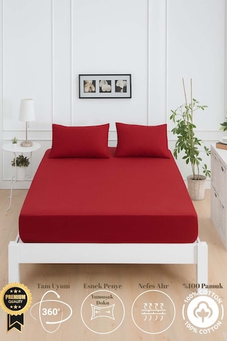 Mirava Premium %100 Pamuk Penye Lastikli Tek Kişilik Çarşaf Takımı 1 Yastık Kılıfı Dahil Bordo 120x200cm Bordo