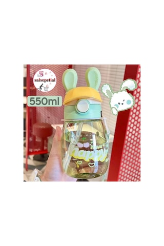 Tavşan Su Matarası Tavşanlı Suluk Tavşan Figürlü Su Şişesi Tavşan Matara Pipetli Matara 550ml Yeşil