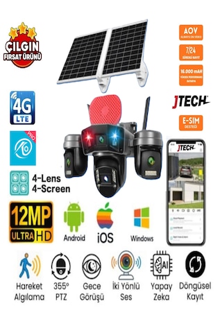 O-kam Ok-336 Premium 4g 12mp Sim Kartlı Solar Panelli Çakarlı 4 Lens 1 Ptz Akıllı Kamera