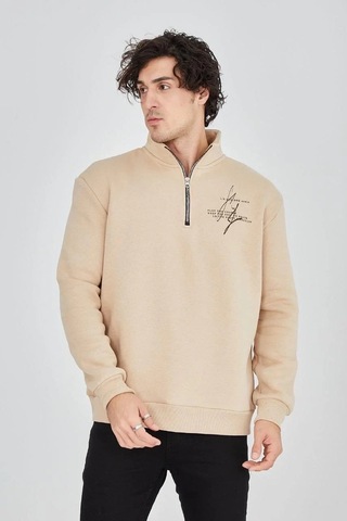 Erkek Yarım Fermuarlı Baskılı 3 İplik Pamuklu Sweatshirt - Bej Bej