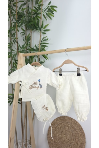 Gros Shop Müslin Yeni Doğan 4katlı Organik %100pamuk Kişiye Özgü Nakışlı Hastane Çıkış Seti-kahverengi-filli Ekru