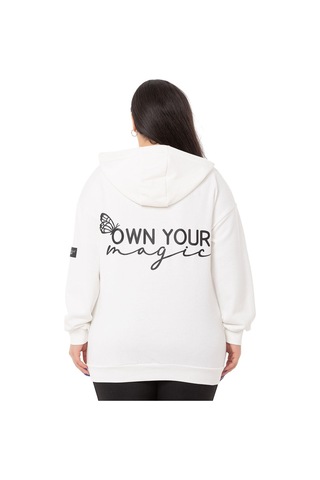 Büyük Beden Sırtında Yazı Detaylı Kapüşonlu Kanguru Cepli Üç İplik Beyaz Sweatshirt-beyaz Beyaz
