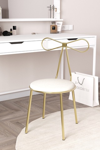 Df04102p Metal Ayaklı Makyaj Sandalyesi, Fiyonk Tasarımlı Puflu Gold Modern Dekoratif Sandalye Altın