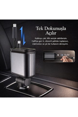 66w Hızlı Araç Şarj Cihazı 4 Ü 1 Arada Geri Çekilebilir Kablolu Type-c Lightning Usb Araç İçi Şarj Adaptörü 12v-24v