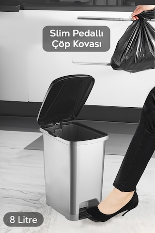 Pedallı Gri Banyo Mutfak Çöp Kovası Siyah Kapaklı Slim Pedallı Çöp Kovası 8 Litre Gri