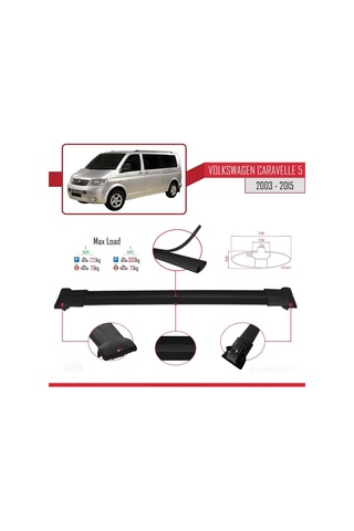 Volkswagen Caravelle T5 2003-2015 Arası İle Uyumlu Fly Model Ara Atkı Tavan Barı Siyah 4 Adet Bar