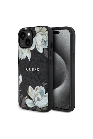 Apple Uyumlu iPhone 15 Kılıf Guess Lisanslı M-safe Özellikli Taneli Çiçek Tasarımlı Metal Yazı Logolu Kapak Siyah