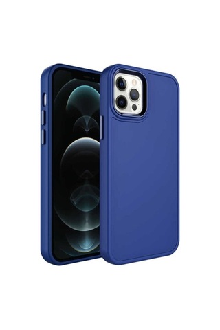 Apple Uyumlu iPhone 12 Pro Max Kılıf Metal Çerçeve Ve Buton Tasarımlı Sert Zore Botox Kapak Lacivert