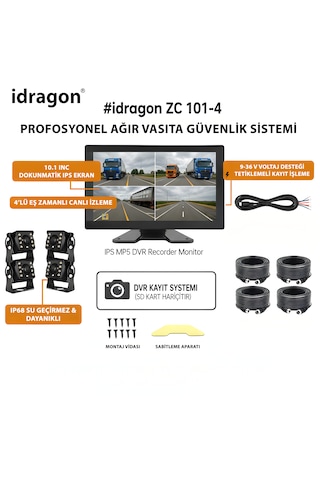 İdragon 10.1 İnç Ips 4 Kameralı Dvr Profesyonel İş Makinesi Ve Ağır Vasıta Kamera Sistemi