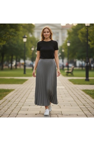 Eren Style Pileli Pamuklu Diyagona Beli Lastikli Etek 95 Cm - 38-50 Gri