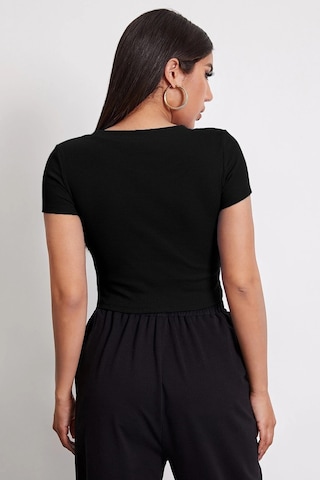 Veraura Lifestyle Kadın Siyah Yuvarlak Yaka Yarım Kol Crop Top Bluz