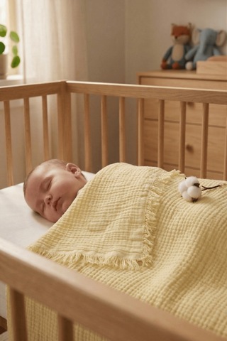 Müslin Püsküllü 4 Katlı Müslin Battaniye 90x120 Cm - Ze4katlı Sarı