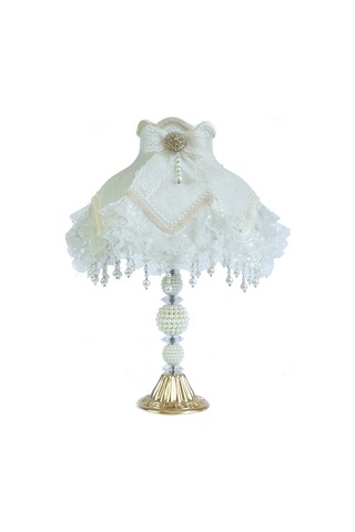 Kadife Kaplı Çiçek Dekorlu Ekru Gold Abajur 13798817