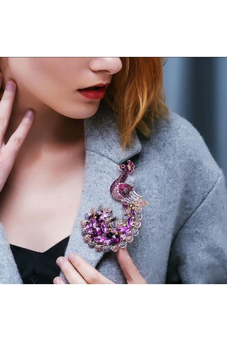 Güzel Hayvan Broşları Mor Tavukat Tavuskuşu Broş Pin Rhinestone Kristalleri Çok Renkli