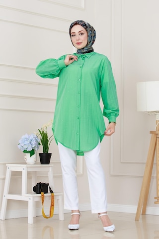 Sevitli Göğüsü Taş Detaylı Oversize Tunik-su Yeşili-5231 Su Yeşili