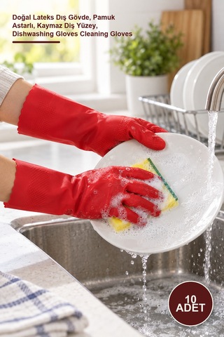 10 Adet S Beden Temizlik Ve Bulaşık Eldiveni Doğal Lateks Dış Gövde, Pamuk Astarlı, Kaymaz Diş Yüzey, Dishwashing Gloves Cleaning Gloves
