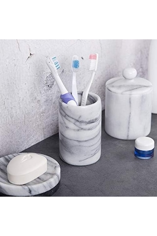 Lüks El Oyması Doğal Mermer Diş Fırçası Ve Makyaj Fırçası Tutacağı - Banyo, Vanity, Ofis Ve Masa Organizatörü İçin Ağır Hizmet Tayvan Yushan Taşı 8,4 Cm X 11,5 Cm, Off-beyaz 000 Açık Krem