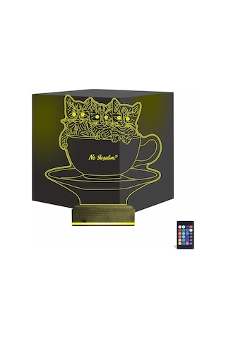 Luvivia Kedi Fincan Tasarım Kişiye Özel 3d Lamba - Masa Gece Lambası Şeffaf