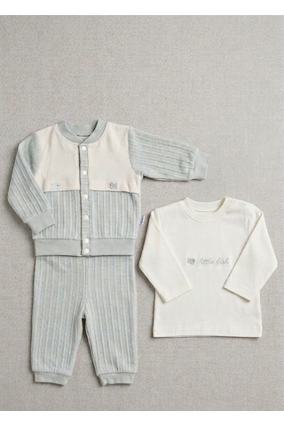 Gaye Bebe Tonton Baby Balık Nakışlı 3'lü Erkek Bebek Hırkalı Alt Üst Takım Mint Yeşili