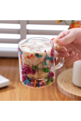 300ml Çift Cidarlı Çiçekli Kupa Isıya Dayanıklı Çift Katmanlı Cam Çay & Kahve Kupası Şık Ve Ergonomik Tasarım Açık Ahşap