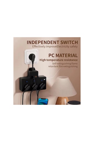 Termal Akım Korumalı 3 Lü Duvar Tipi Priz 1x Usb 2x Type-c Çıkışlı Grup Priz Çoğaltıcı 3500w Standart