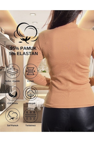 Alya Underwear Kaşkorse Yarım Boğaz Body Sweatshirt, Fitilli Kumaş, Likralı, Bordo Pudra