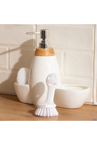 Porsima 5310825 Tezgah Üstü Beyaz Sıvı Sabunluk Fırçalı Süngerli Porselen Sabunluk 700ml 28cm