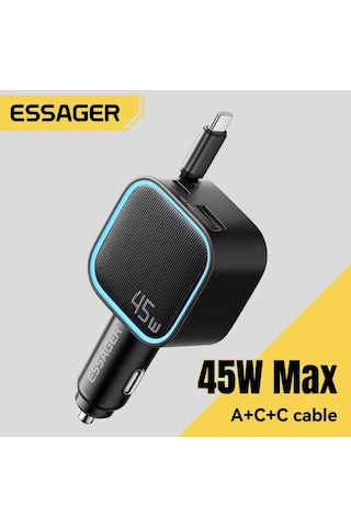 Essager 45w 3'ü 1'arada Geri Çekilebilir Kablolu Type-c+usb Araç Şarj Cihazı Hızlı Ce+rohs Lisanslı Sağlam -