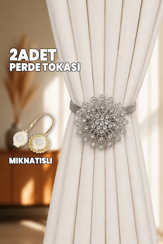 2 Adet Perde Tokası - Mıknatıslı - Çiçek Motifli - Perde Tutacağı - Perde Tutucu Gümüş