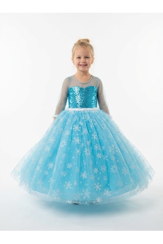 Butikhappykids Frozen Elsa Kostümü Uzun Kollu Kız Çocuk Prenses Elbisesi - Kar Tanesi Tül Etek Mavi