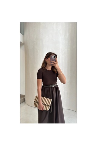 Unika Boutique Acı Kahve Kendinden Kemerli Alt Poplin Kumaş Elbise Acı Kahverengi