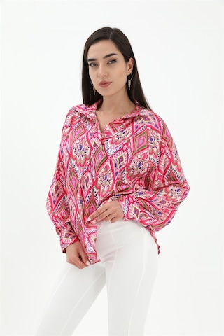 Wpr Reglan Kol Baskılı Saten Gömlek - Pembe-pembe Pembe