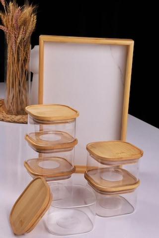 Duo 400ml 6'lı Bambu Beyaz Mermer Desen Tepsili Bambu Vakumlu Kapaklı Cam Kahvaltılık Bambu