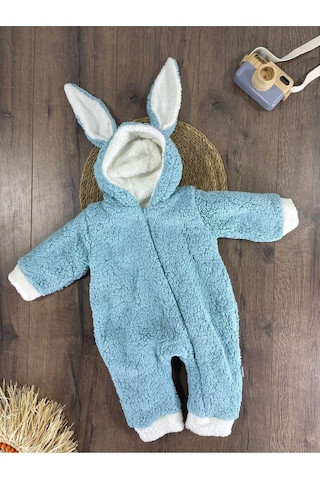 Çift Kat Wellsoft Kürklü Tavşan Kulak Unisex Kışlık Bebek Tulum Mavi