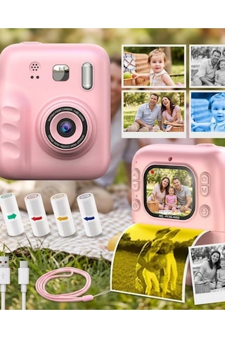 Çocuk Dijital Fotoğraf Makinesi Anında Baskı Ve Hd Video Kayıt Özellikli 5 Kalem Ve 4 Rulo Kağıt Hediye