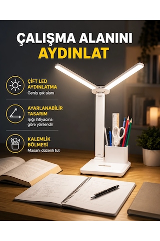 Kısılabilir Led Masa Lambası Kalemlik Ve Telefon Standlı, Göz Yormayan Işık Yeni Nesil Antrasit Melanj