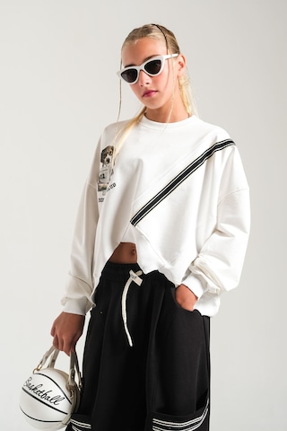 Loco Loco Ekru-siyah Köpek Baskılı Şeritli Çocuk Sweatshirt
