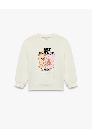 Koton Uzun Kollu Üç İplik Bisiklet Yaka Ayıcık Baskılı Sweatshirt Ekru 7wmg10130ak