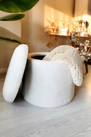 Teddy Xl Puf - El Yapımı Pofuduk Beyaz Sandıklı Silindir Puf - Çok Amaçlı Dekoratif Bench Ekru