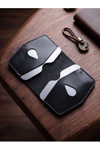 Luna Luster Hakiki Deri Minimalist Dikey Kartlık Cüzdan - Damla Kesim Siyah Drc62 Gri