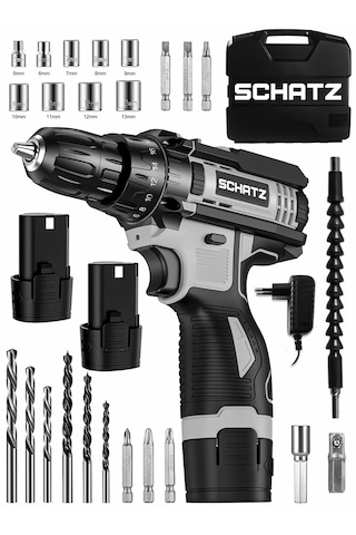 Schatz 12v Çift Akülü Çelik Şanzıman Bakır Sargılı Şarjlı Vidalama Matkap Gri + 24 Parça Set