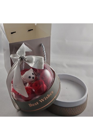 Led Li Gümüş Fanus Ayıcık & Solmayan Gül Hediye Kutusu