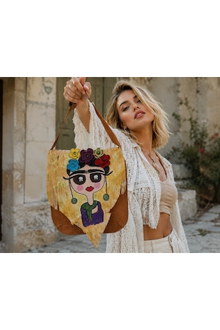 Frida Konseptli Hakiki Deri Tasarım El Yapımı Çanta Açık Camel - Çok Renkli